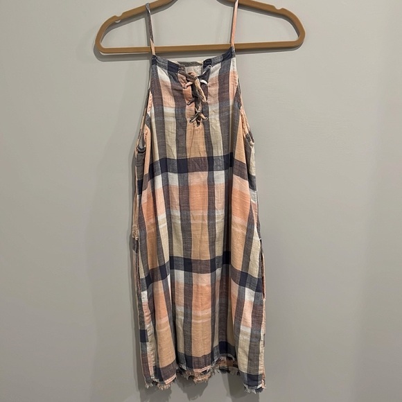 Bella Dahl Dress Lace-Up Back Plaid Midi pink and blue Size Small - Picture 2 of 9